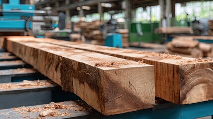 Wood chips are flying through the air as a saw processes wood, creating a flurry of shavings in a busy carpentry workshop
