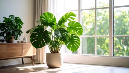 Bright room with Monstera plant near large window