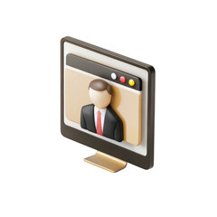 3d isometric illustration of a businessman in a suit and tie appearing on a computer screen representing online communication and virtual meetings isolated on transparent background