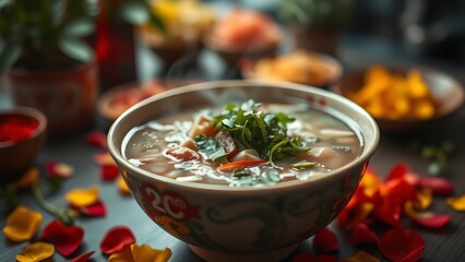 Vietnam National Day flag on silk cushion with bamboo leaves and lanterns