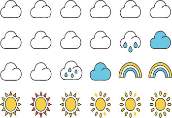 Obraz premium Colorful illustrated weather icons representing sun rain clouds rainbows and sunshine elements