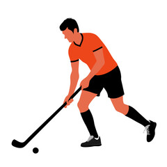 Obraz premium Field hockey player in action wearing orange uniform hitting ball 