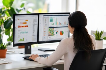 Woman analyzing user data on dual-monitor setup in tech office.