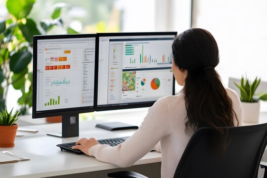 Woman analyzing user data on dual-monitor setup in tech office.