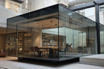 Obraz premium Modern glass library reading room with wooden tables and chairs. Serene space.
