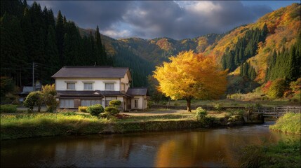 Charming two-story house in Japanese countryside with peaceful open-air tea room by a serene pond at golden hour in autumn