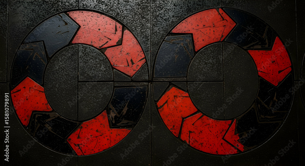 Poster abstract geometric circular patterns with red and black hues on textured surfaces creates a modern d
