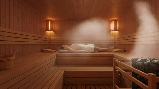One person resting on the upper bench inside a traditional wooden sauna. Covered with a towel, surrounded by soft steam and warm lighting. Ideal for wellness visuals, spa and relaxation content. Photo