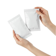 Hands holding two blank white packets mockup isolated on transparent background