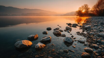 Obraz premium Tranquil Lakeside at Sunrise with Misty Water Reflections Creating a Serene Atmosphere for Mindfulness and Relaxation