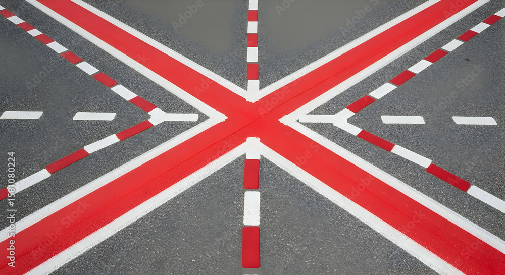 Poster abstract geometric road markings with red and white stripes creating patterns on asphalt, offering a
