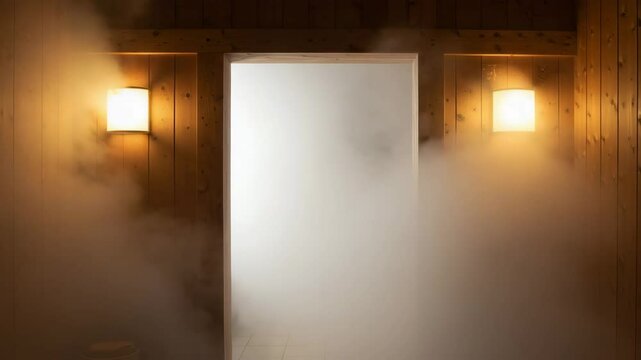 Steamy doorway in a traditional wooden bathhouse with warm light and thick vapor escaping from the hot room. Photorealistic and atmospheric 3D scene, perfect for wellness visuals, spa content, and imm