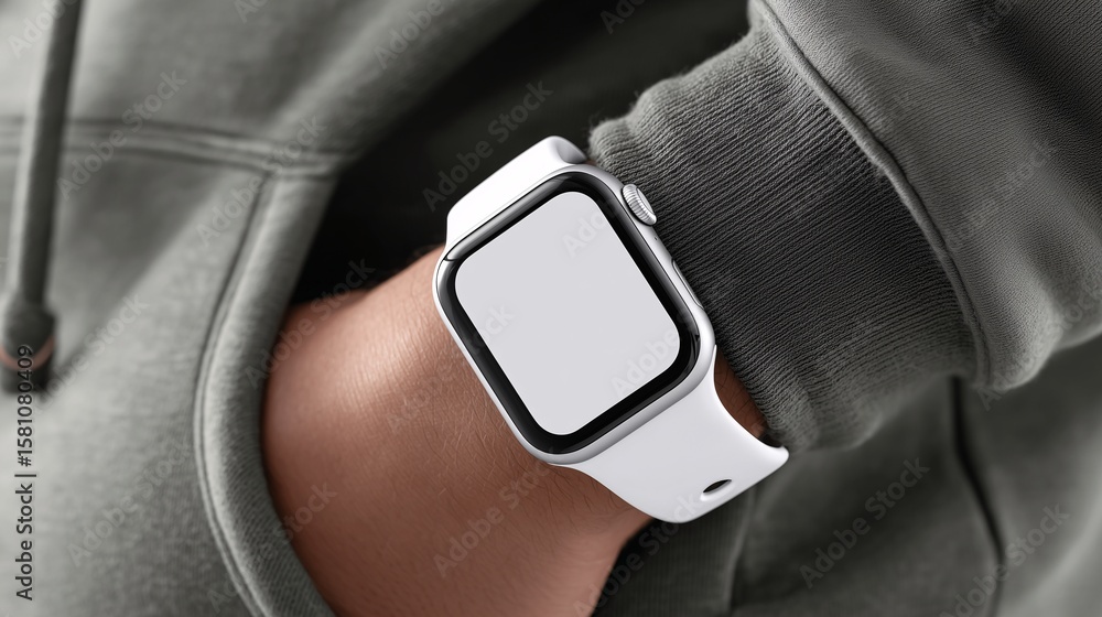Poster time on wrist: a wrist displays a cutting-edge smartwatch with a blank display, showcasing sleek des
