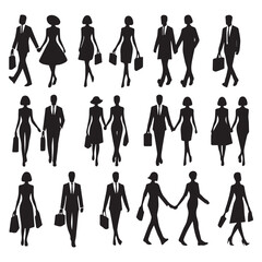 Business people walking with bags silhouettes