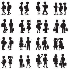 Children silhouettes with backpacks and books school