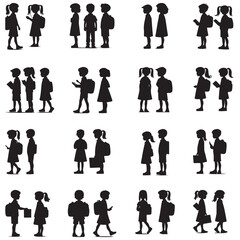 Children standing and walking with books and bags school