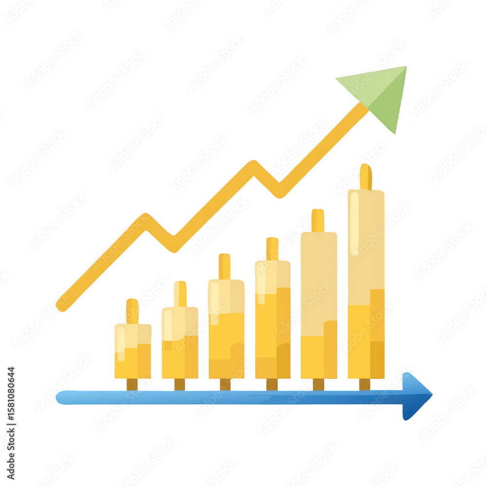 Poster growing bar chart with upward arrow on transparent background