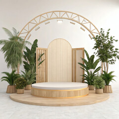 Modern minimalist stage design with natural wood elements and lush green plants