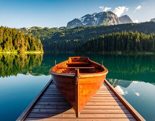 Wooden boat on a tranquil lake at sunrise