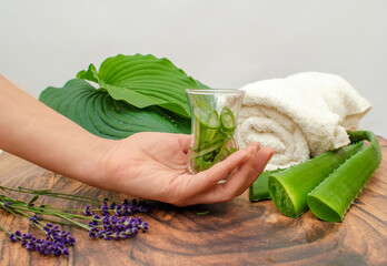 Jar of aloe vera slices in woman's palm. Organic healing, inflammation relief. Spa composition.