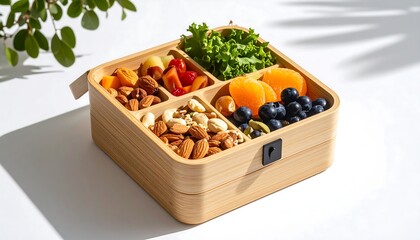 Wooden divided lunchbox with healthy snacks