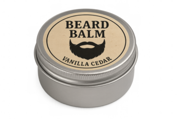 Round tin can of vanilla cedar beard balm on transparent background