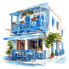 Greece restaurant in watercolor painting design, Watercolor painting of a charming Greek restaurant, isolated on transparent background