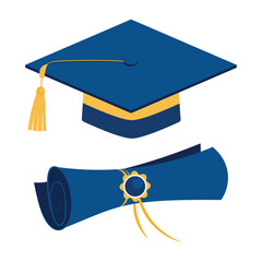Blue graduation cap and diploma. Design elements isolated on white background. Sticker, clip art. 