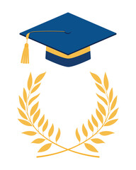 Blue Graduation cap and laurel branches. Concept of academic achievement, graduation ceremonies. Vector elements for invitation, announcement, decoration isolated on white background.