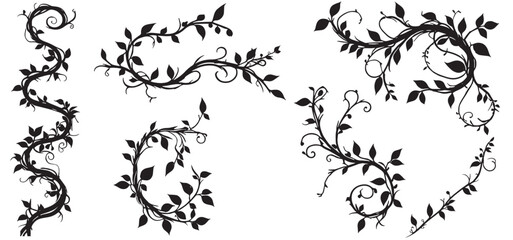 Liana plants silhouette. Tropical climbing creepers branches with moss, rainforest flora flat vector illustration isolated on white background