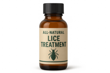 All-natural lice treatment in amber glass bottle with transparent background