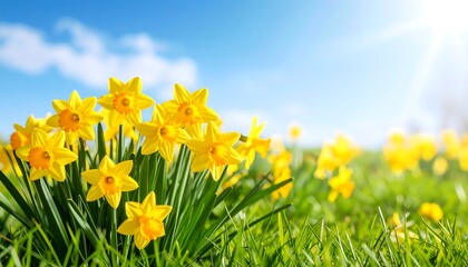 Bright yellow daffodils in a meadow, sunny spring day