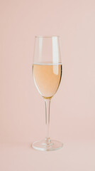 Elegant champagne flute filled with sparkling wine on a soft pink background, suggesting celebration, luxury, and a festive occasion.