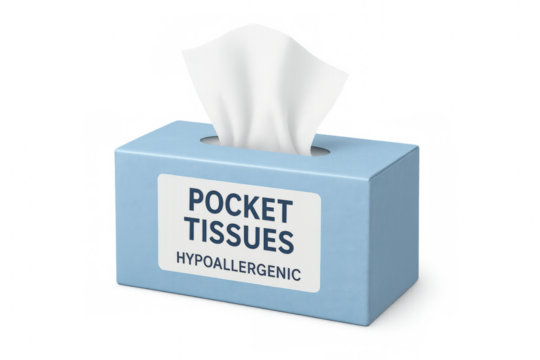 Light blue box of hypoallergenic pocket tissues dispensing tissue on transparent background