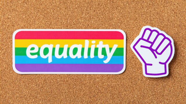 Empowering Equality Message Stickers on Corkboard with Pride Pin and Fist Icon, Promoting Awareness with Copy Space