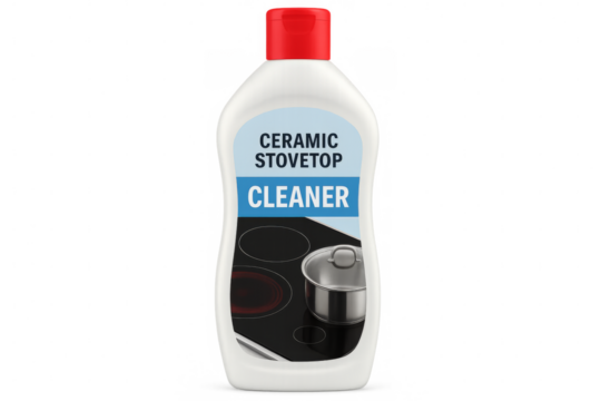 White plastic bottle of ceramic stovetop cleaner on transparent background
