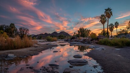 River Reflection at Sunset with Palm Trees and Mountains