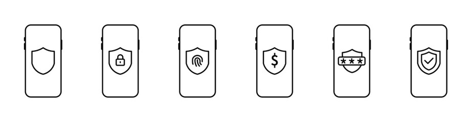 Mobile security icons set. Line symbols of smartphone data protection and privacy