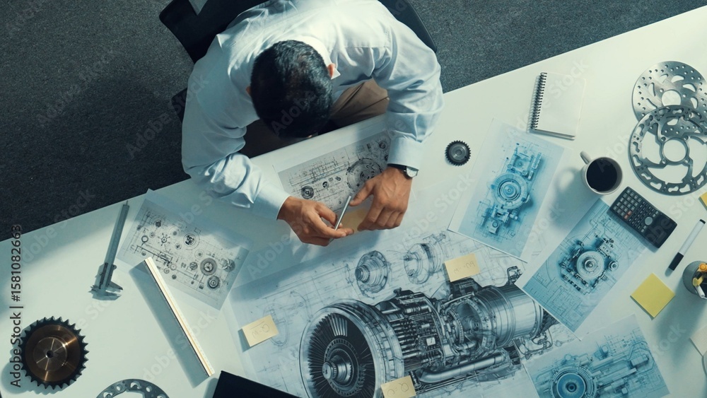 Poster top down view of skilled engineer writing and planning turbine engine design while sitting at meetin