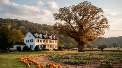 White Farmhouse with Pumpkin and Tree