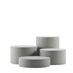 Four concrete cylinder podiums arranged together isolated on transparent background