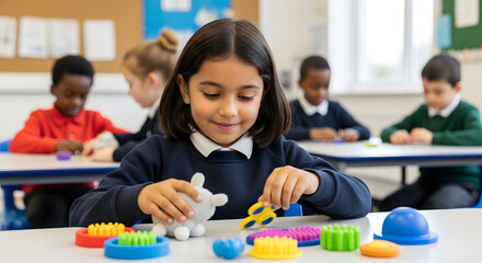 Girl with autism playing with sensory toys during break time – inclusive education setting
