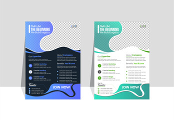 Modern creative A4-sized business flyer design template layout with organic green and blue shapes