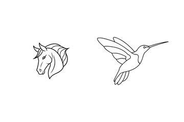 Horse head and hummingbird line art equine mammal