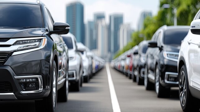 Various modern SUVs and black sedans are neatly parked in a vibrant auto market with a stunning city skyline visible behind them