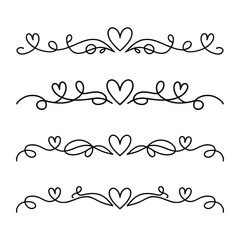 Filigree curly Calligraphic Heart, Fancy Line Flourishes Swirls hearts, curve romantic love separator, Valentines Day divider flourish Swirl, Calligraphy Flourish lettering header hearts scroll