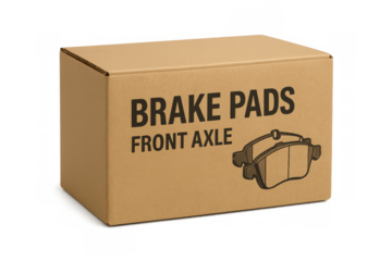 Cardboard box containing front axle brake pads on transparent background