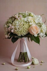 Fototapeta premium Wedding bouquet of the bride, on a peach background, from hydrangeas and roses, in a satin ribbon