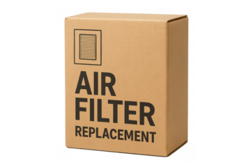 Cardboard box containing air filter replacement on transparent background