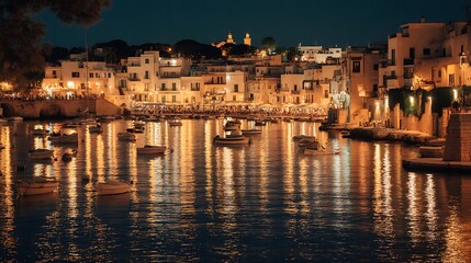 Harbor Night Scene with Buildings and Boats